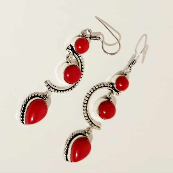 Natural Italian Red Coral 925 Silver Earrings - 3" - Picture 4 of 7